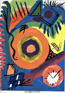 A brightly-colored abstract drawing in marker composed of geometric shapes.