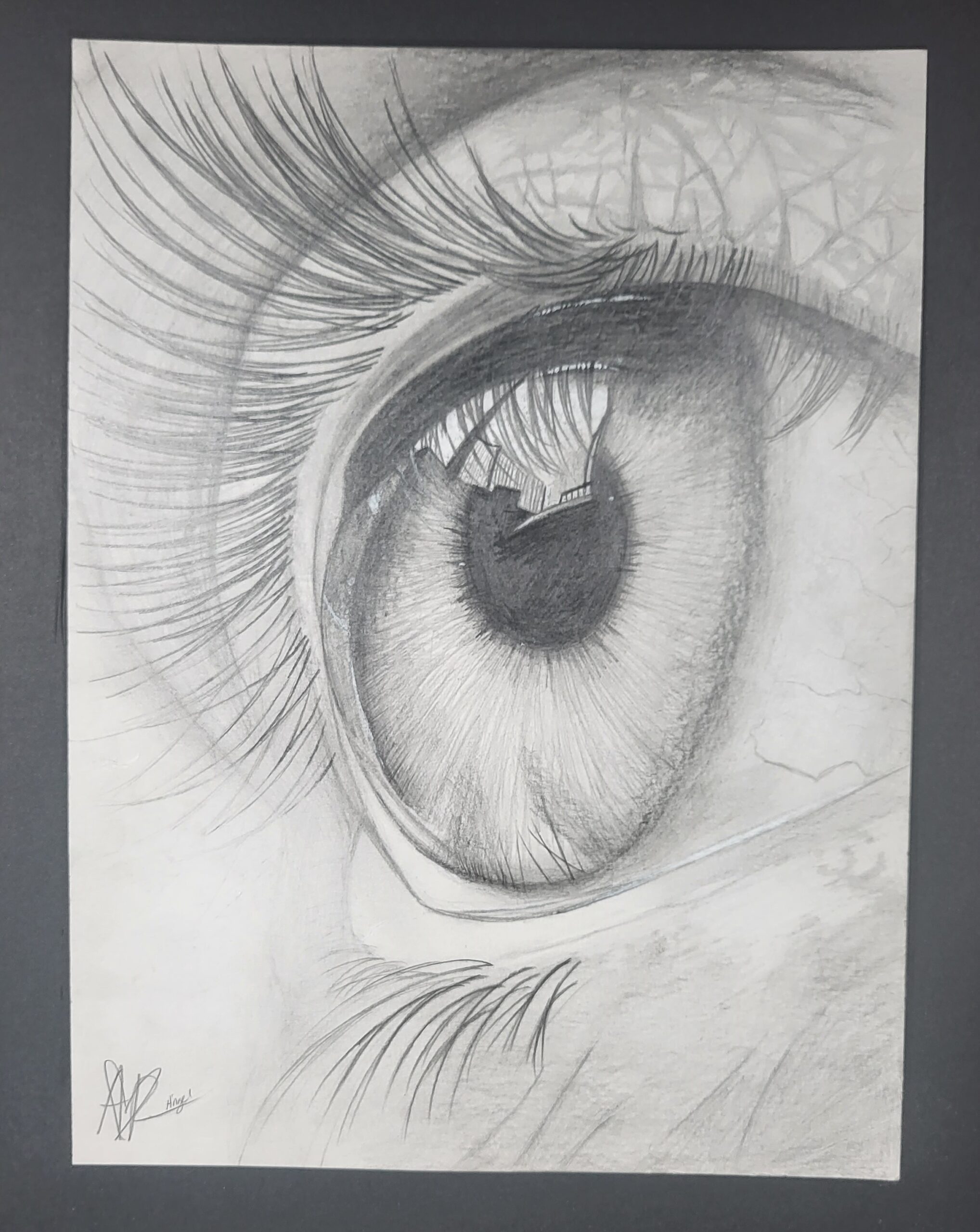 Close-up black and white pencil drawing of a light-colored human eye rendered realistically.
