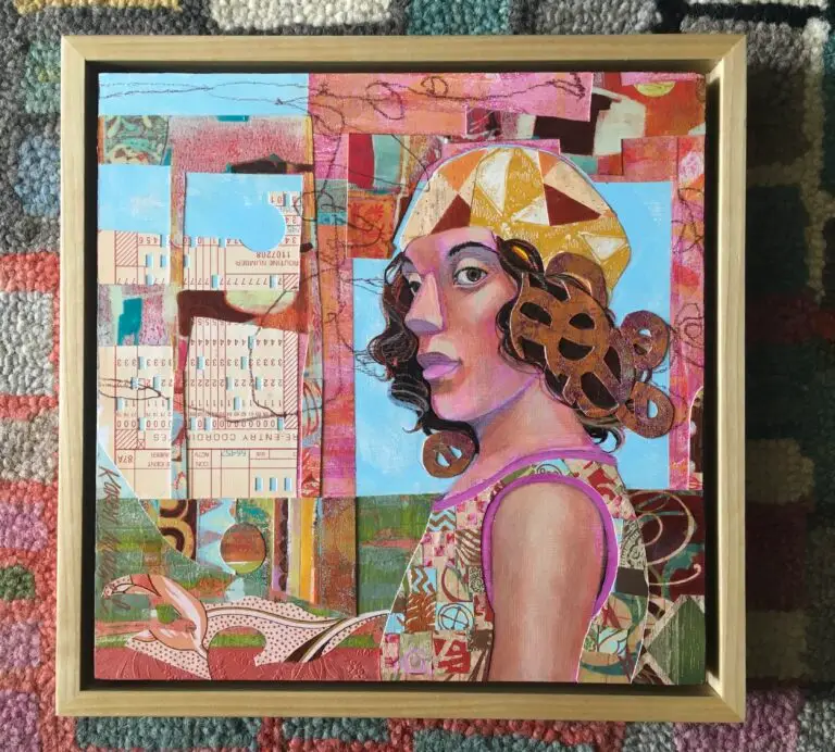 artwork by Karen Maizel: a vibrantly-colored painted collage of a brown-skinned woman with long curly hair