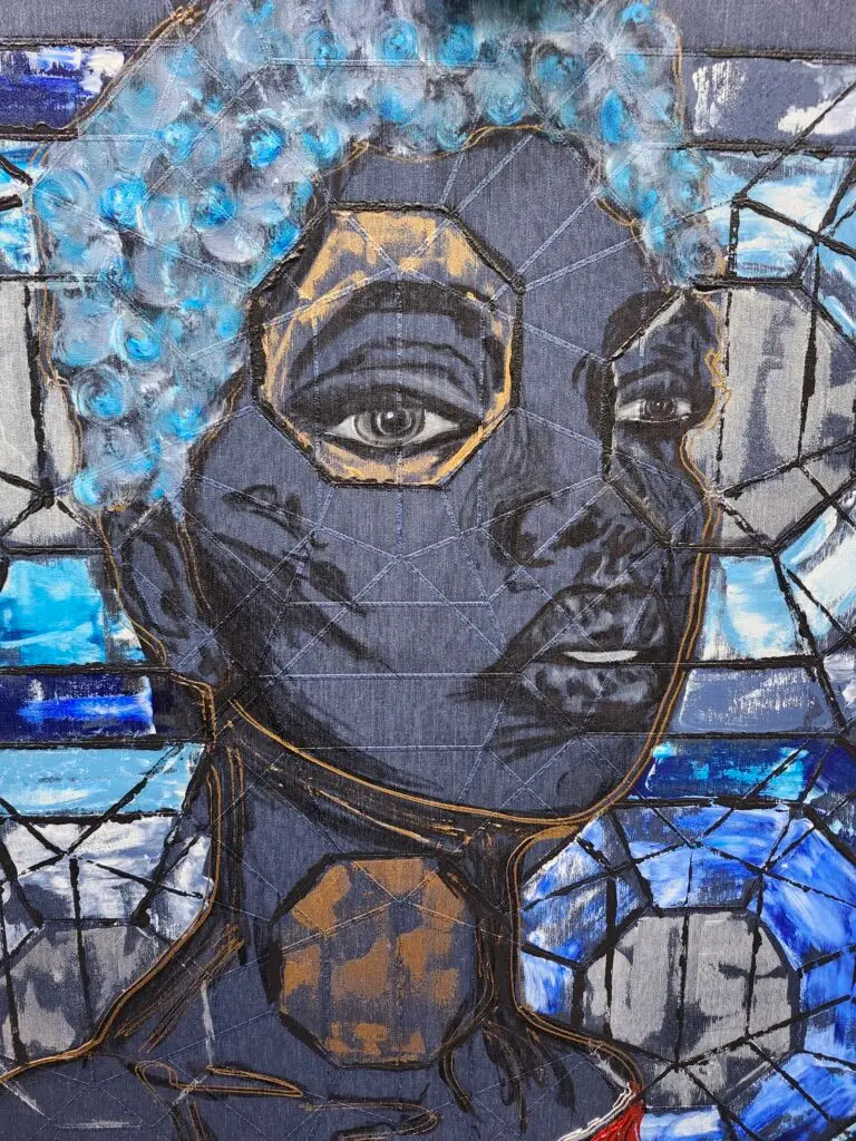 a painting of a dark-skinned woman with short, tightly curled hair rendered in shades of blue, gold, and grey
