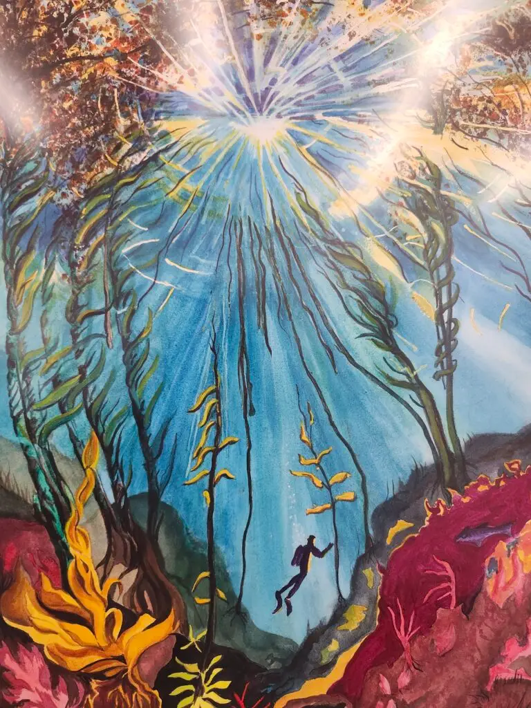 Painting of an underwater scene with a scuba diver swimming through an immense bed of giant kelp.