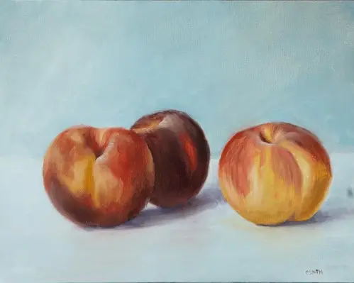 A still life painting of three peaches on a pale blue background/surface.